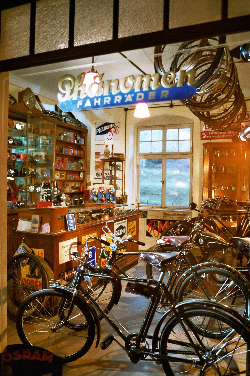 Historische Fahrräder stehen vor einer Ladentheke, die mit historischer Reklame beklebt ist, im Hintergrund steht ein hohes Regal mit Fahrradzubehör und auf dem Schaufenster ist der Schriftzug von der Firma Phänomen Fahrräder zu sehen.